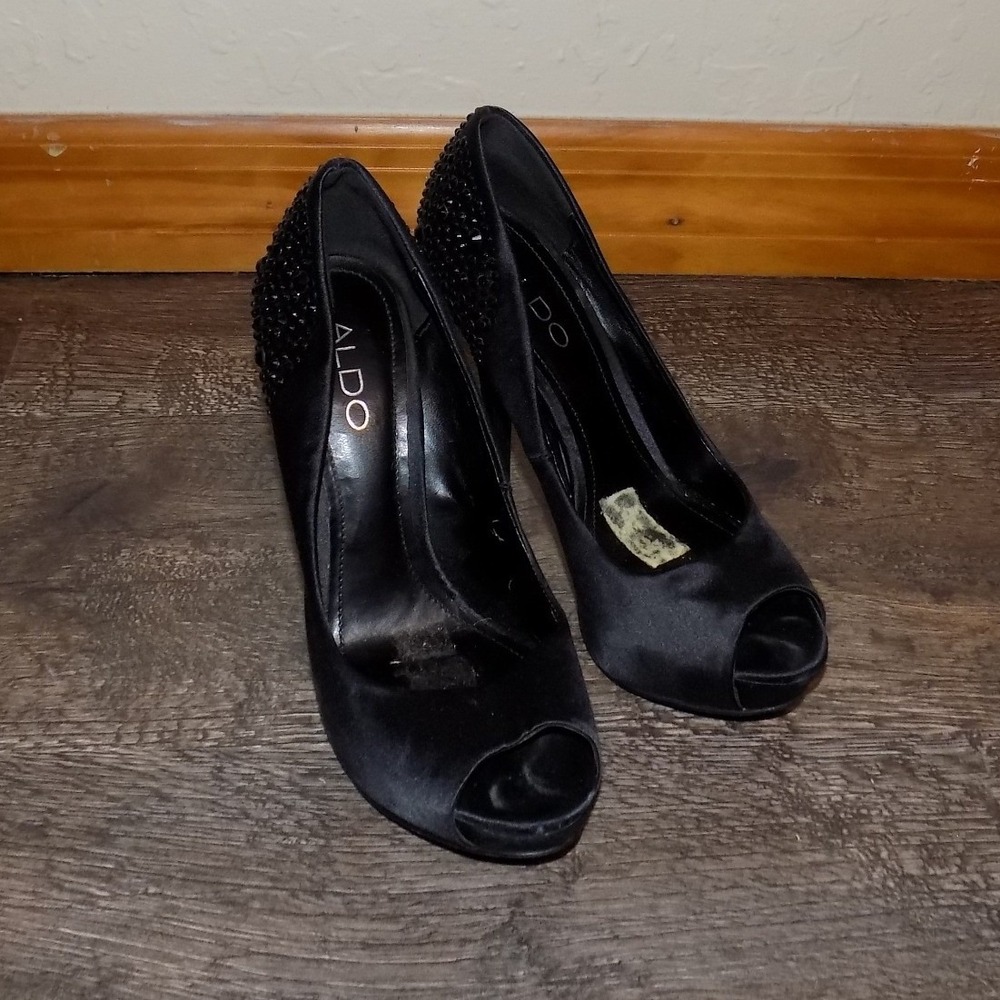 Aldo Peep Toe Platform Pumps Womens‎ 36 Black Rhinestone Satin Heels
